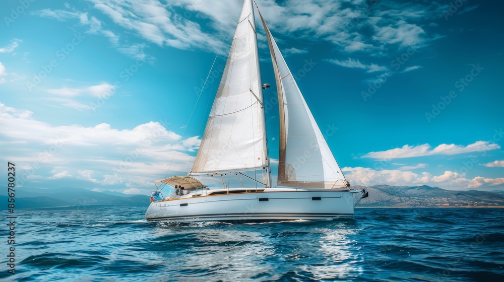 Obraz premium Sailor skillfully navigating sleek and modern white yacht on vast open sea waters