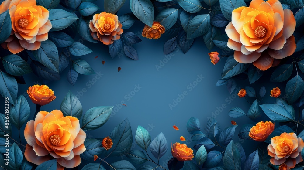 Elegant Abstract Orange Flowers Frame on Blue Background Elegant Abstract Orange Flowers Frame on Blue Background