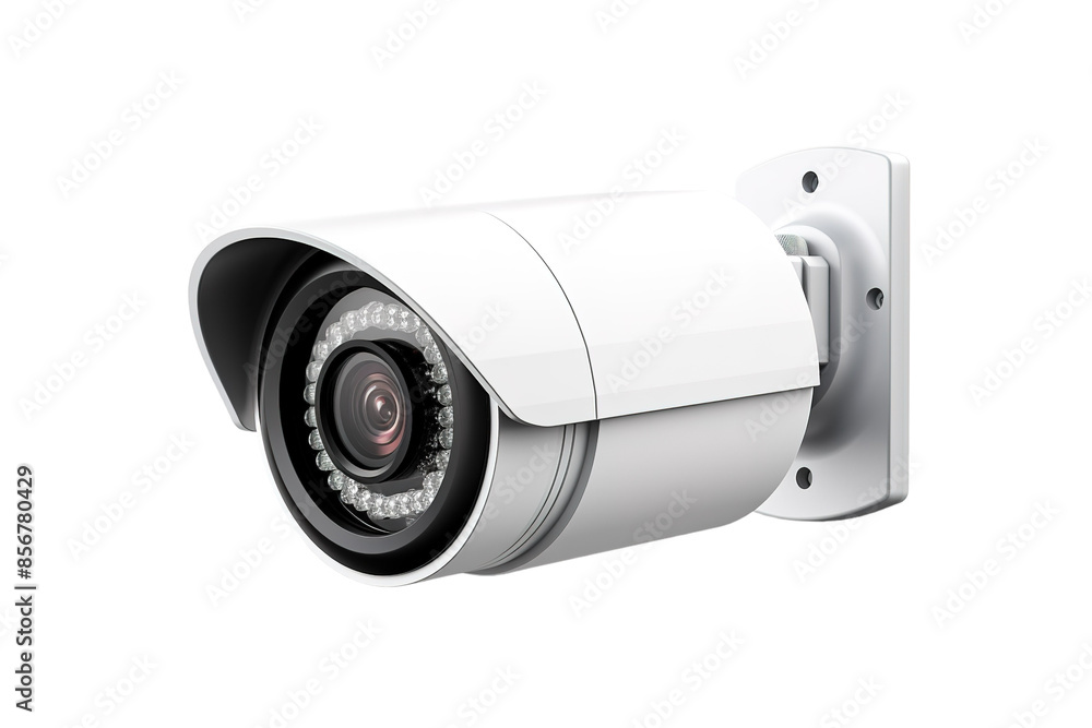 A White Security Camera Mounted on a Wall, Ready to Observe on a Clear PNG or White Background. A White Security Camera Mounted on a Wall, Ready to Observe on a Clear PNG or White Background.