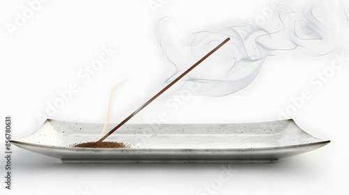 stick of incense burning on glass tray isolated on white background, png photo