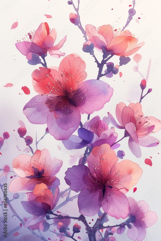 Delicate Watercolor Painting of Pink And Purple Blossoms