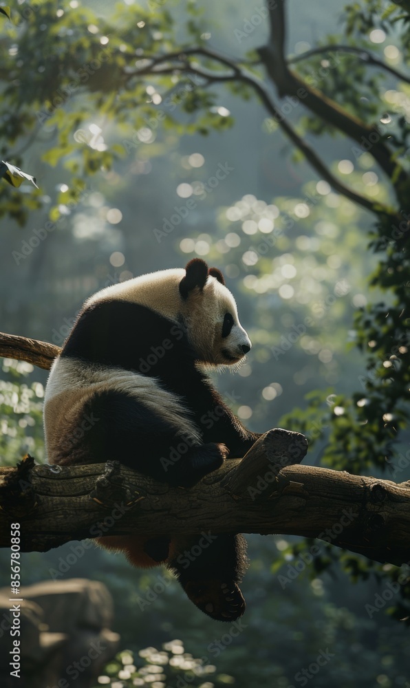Obraz premium A giant panda sits on a branch, looking thoughtfully off to the side. The lush green leaves of the forest surround it, creating a serene and tranquil atmosphere