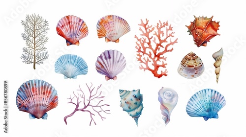 A collection of seashells and corals on a white background, watercolor illustration, high-quality marine clipart.