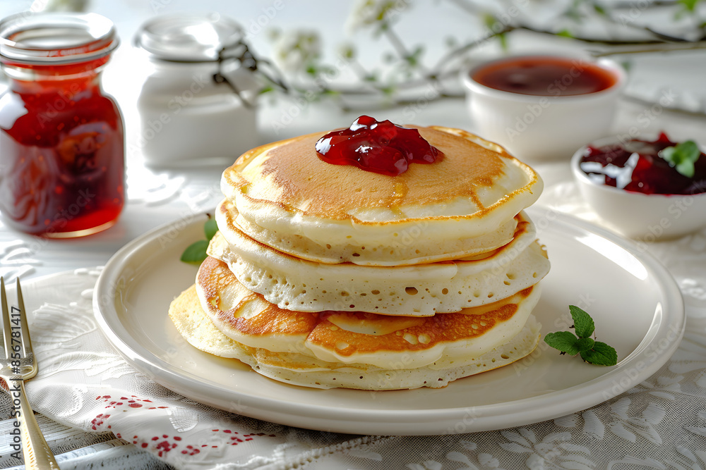 Plate of Tasty Pancakes with Jars of Jam on White Table Plate of Tasty Pancakes with Jars of Jam on White Table