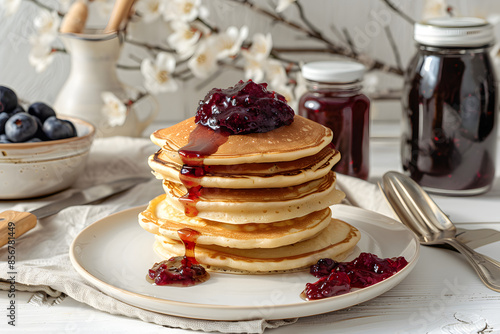 Plate of Tasty Pancakes with Jars of Jam on White Table
