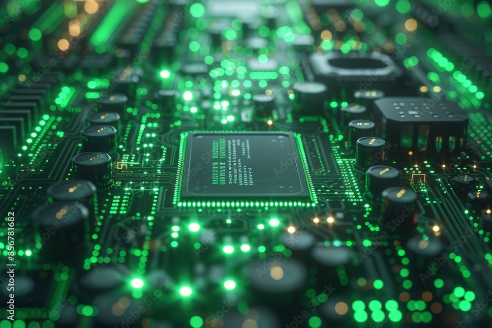 Macro shot of a glowing green circuit board with intricate details of technology and innovation Macro shot of a glowing green circuit board with intricate details of technology and innovation