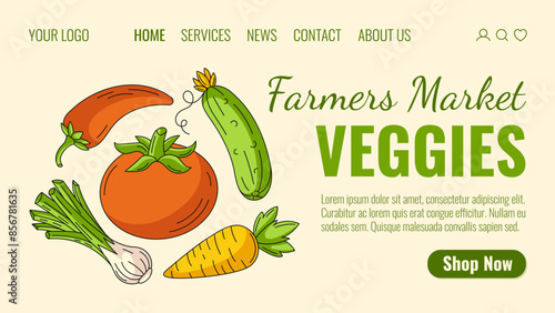 Organic veggies, farm fresh vegetables. Order natural food, eco products, healthy produce home delivery. Landing page vector template for website, web, grocery, online store, farmers market.