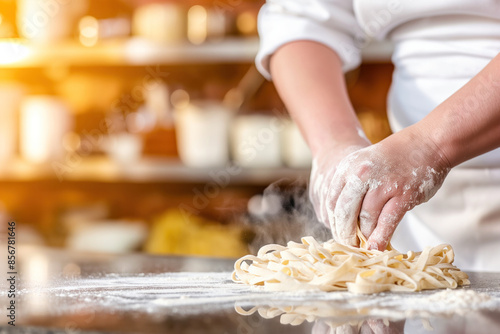 A chef shaping homemade pasta on a floured countertop in a warm kitchen setting.