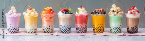 Assortment of colorful bubble tea drinks with tapioca pearls