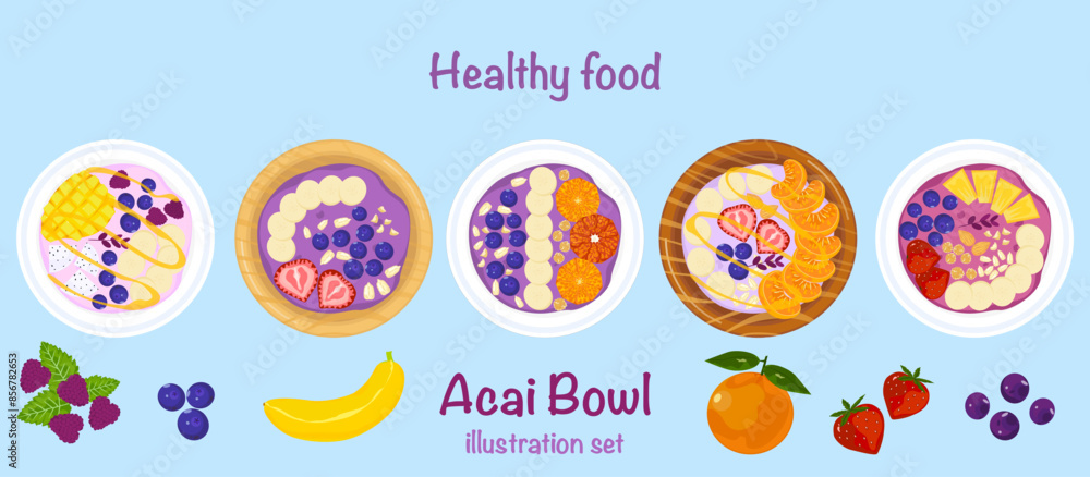 Healthy cooking ingredients, delicious mixed fruit Rich in vitamins Top view of food bowl. Acai on a smoothie in a bowl. Light background vector illustration for food menu decoration. Easy to edit.