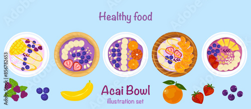 Healthy cooking ingredients, delicious mixed fruit Rich in vitamins Top view of food bowl. Acai on a smoothie in a bowl. Light background vector illustration for food menu decoration. Easy to edit.