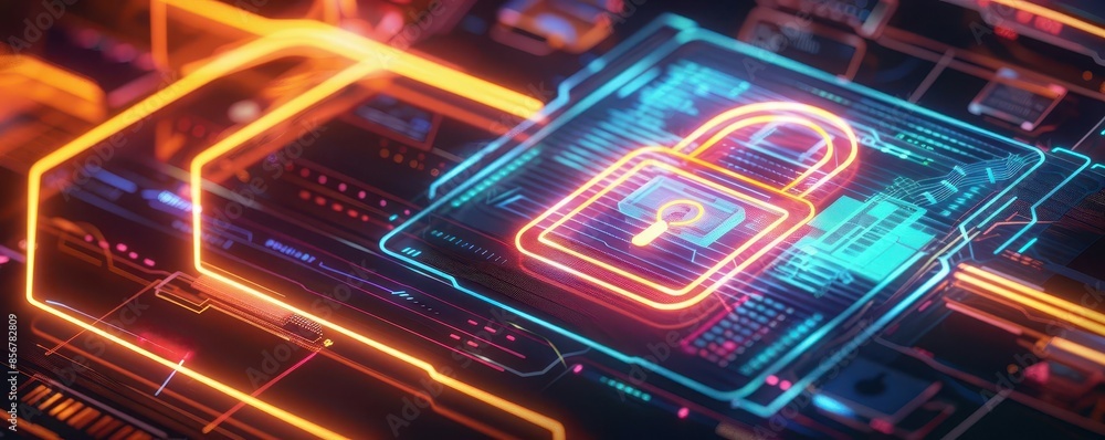 Neon glowing padlock on futuristic digital circuit board, abstract concept of cybersecurity. Neon glowing padlock on futuristic digital circuit board, abstract concept of cybersecurity.
