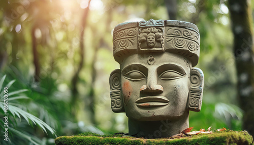 Olmec head. Stone sculpture. Ancient Mayan statue in jungle. Blurred green backdrop. photo