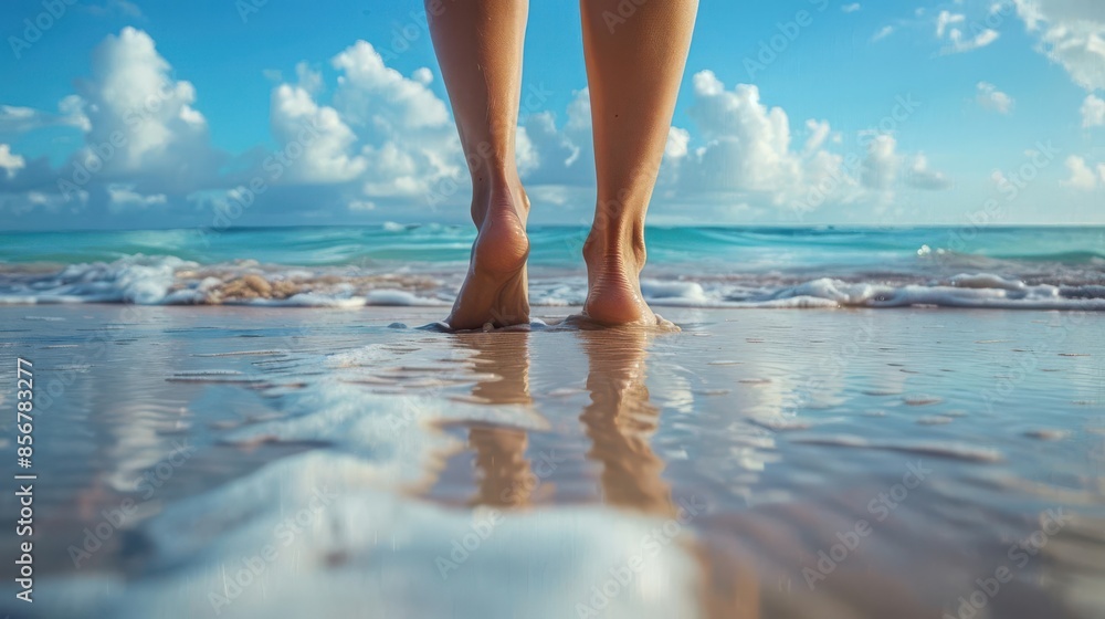 Feet walking on a sandy beach, reflecting relaxation and peace, great for travel or wellness ads Feet walking on a sandy beach, reflecting relaxation and peace, great for travel or wellness ads
