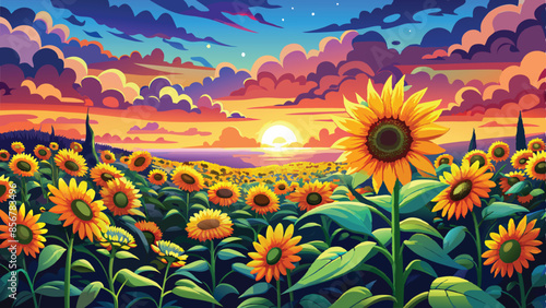 A field of blooming sunflowers under a vibrant sunset sky with orange and blue clouds