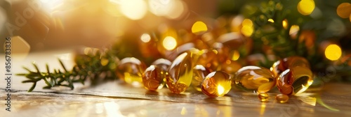 Golden Vitamin Capsules with Fresh Greenery in Warm Sunlight - A close-up of golden vitamin capsules surrounded by fresh greenery, bathed in warm and cozy sunlight, placed on a wooden surface.