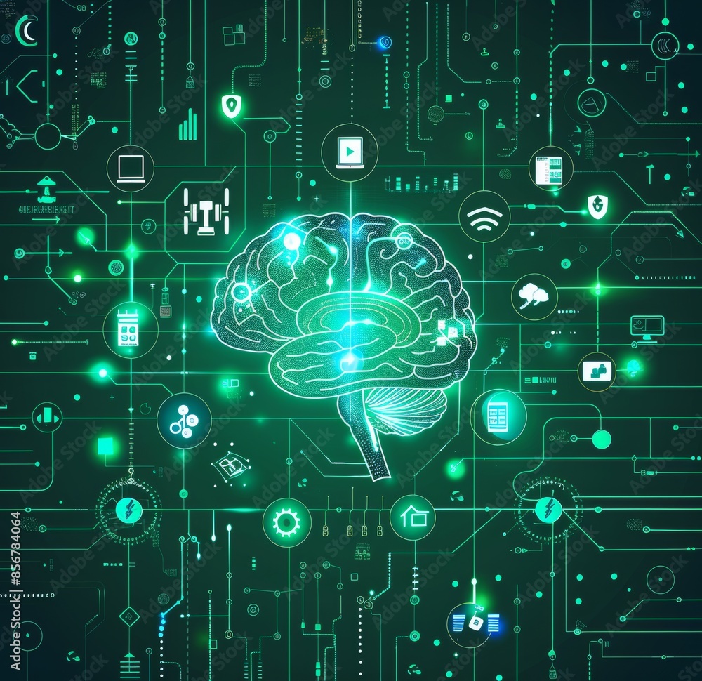 Futuristic digital brain surrounded by various technology icons representing artificial intelligence, machine learning, and interconnected networks Futuristic digital brain surrounded by various technology icons representing artificial intelligence, machine learning, and interconnected networks
