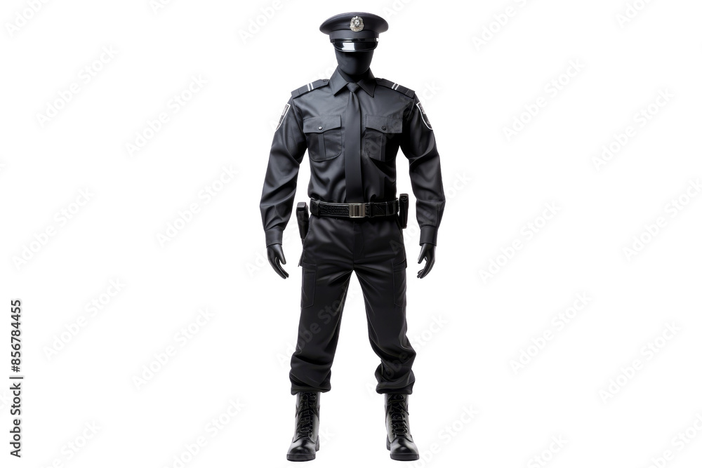 Full-length view of a police officer mannequin in uniform with hat. Isolated on white background. Professional attire for law enforcement. Full-length view of a police officer mannequin in uniform with hat. Isolated on white background. Professional attire for law enforcement.