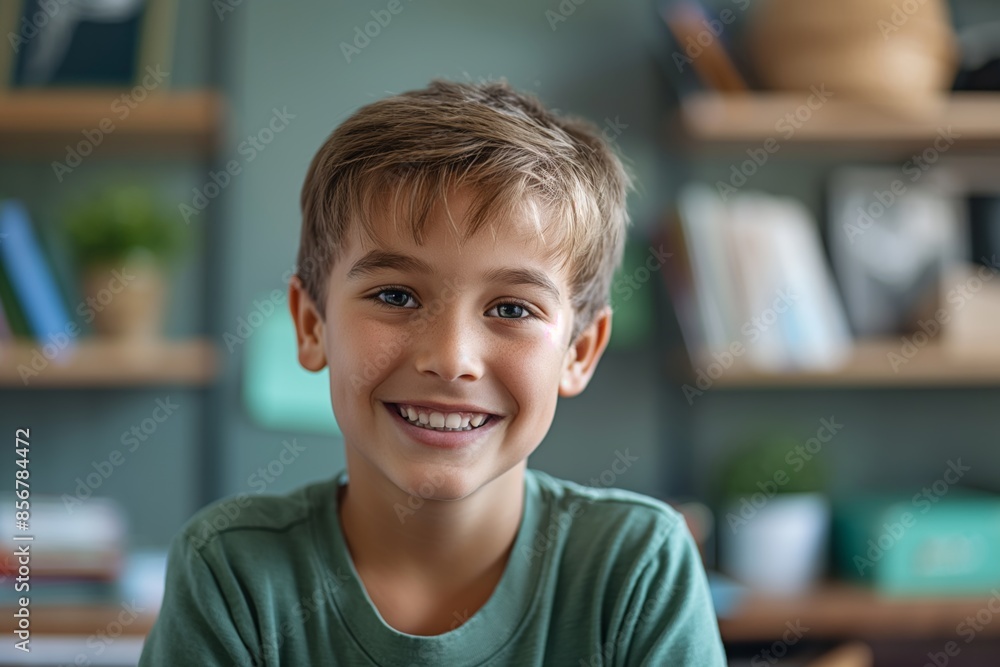 A young boy sits focused at a computer, working on his homework in a warmly lit room with bookshelves in the background. A young boy sits focused at a computer, working on his homework in a warmly lit room with bookshelves in the background.