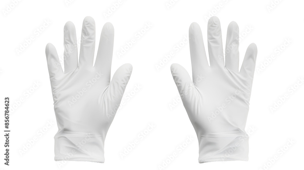 Obraz premium High-quality white medical gloves displayed on a white background, ideal for healthcare, laboratory use, or hygiene purposes.