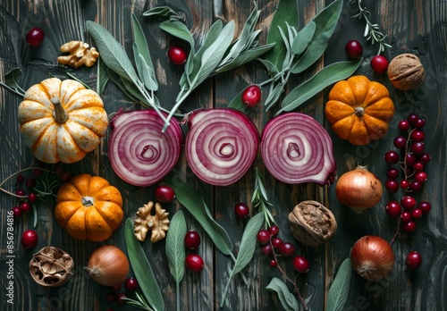 Autumn Harvest Arrangement with Vegetables and Herbs photo