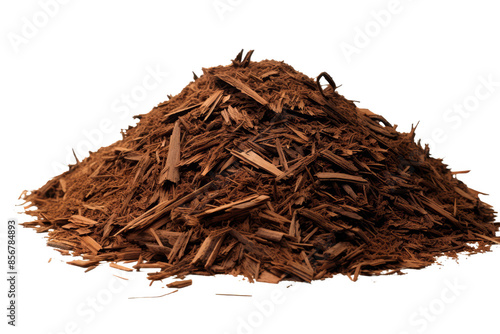 Pile of natural wood mulch isolated on white background. Perfect for gardening, landscaping, and agricultural use.
