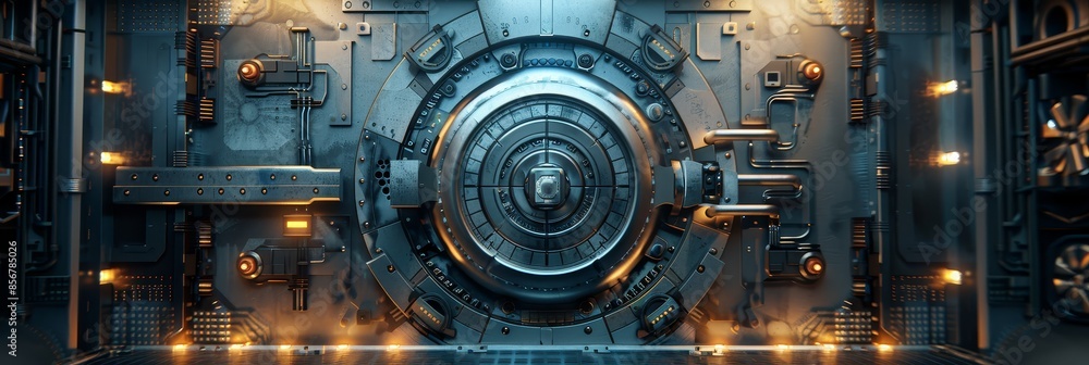 Futuristic Vault Door with Complex Mechanical Design and Glowing Lights - A sci-fi vault door encapsulates advanced technology and intricate mechanics, highlighted by glowing orange lights. Futuristic Vault Door with Complex Mechanical Design and Glowing Lights - A sci-fi vault door encapsulates advanced technology and intricate mechanics, highlighted by glowing orange lights.