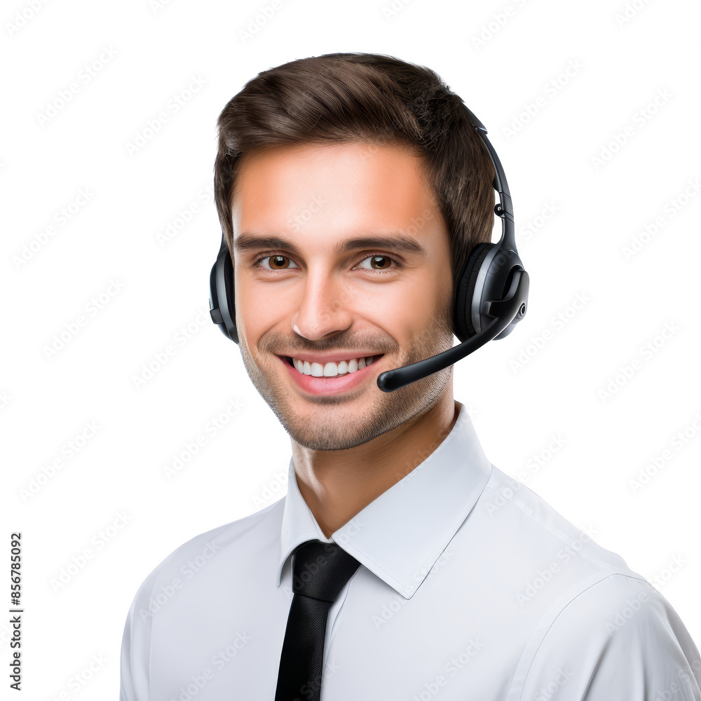 Smiling customer service representative wearing a headset, providing professional support, isolated on white background. Smiling customer service representative wearing a headset, providing professional support, isolated on white background.