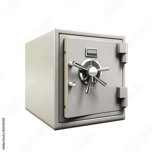 Secure grey safe isolated on white background, metal vault with combination lock for storing valuables and documents.