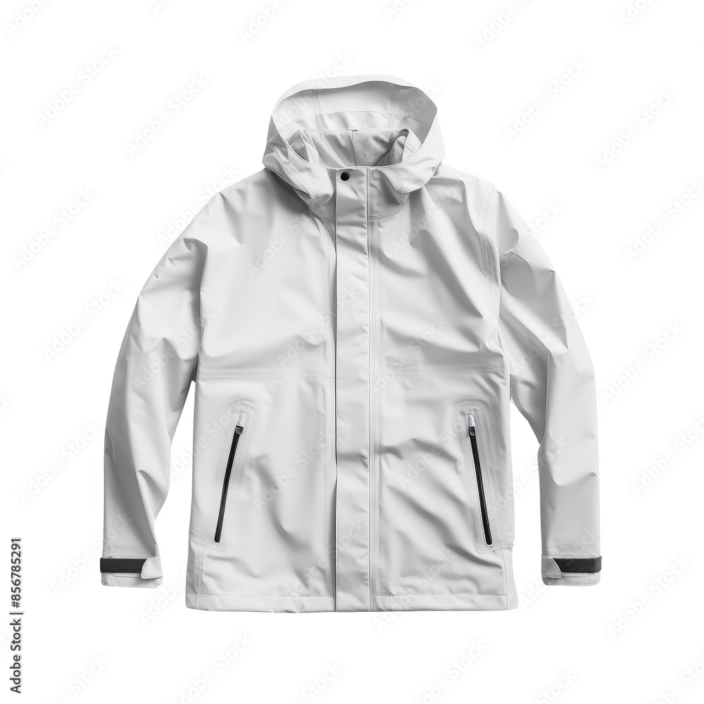 White waterproof jacket with hood, front zip, and pockets. Perfect for outdoor activities in wet weather. Stylish and practical design. White waterproof jacket with hood, front zip, and pockets. Perfect for outdoor activities in wet weather. Stylish and practical design.