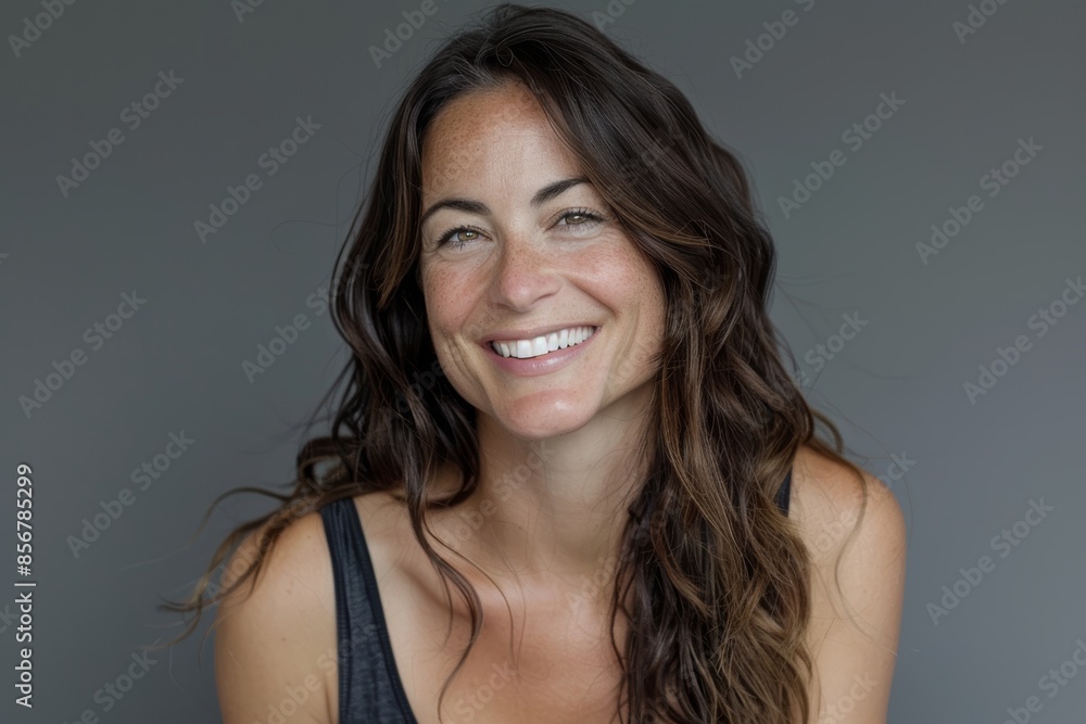 Naklejka premium Portrait of a grinning woman in her 30s smiling at the camera on blank studio backdrop