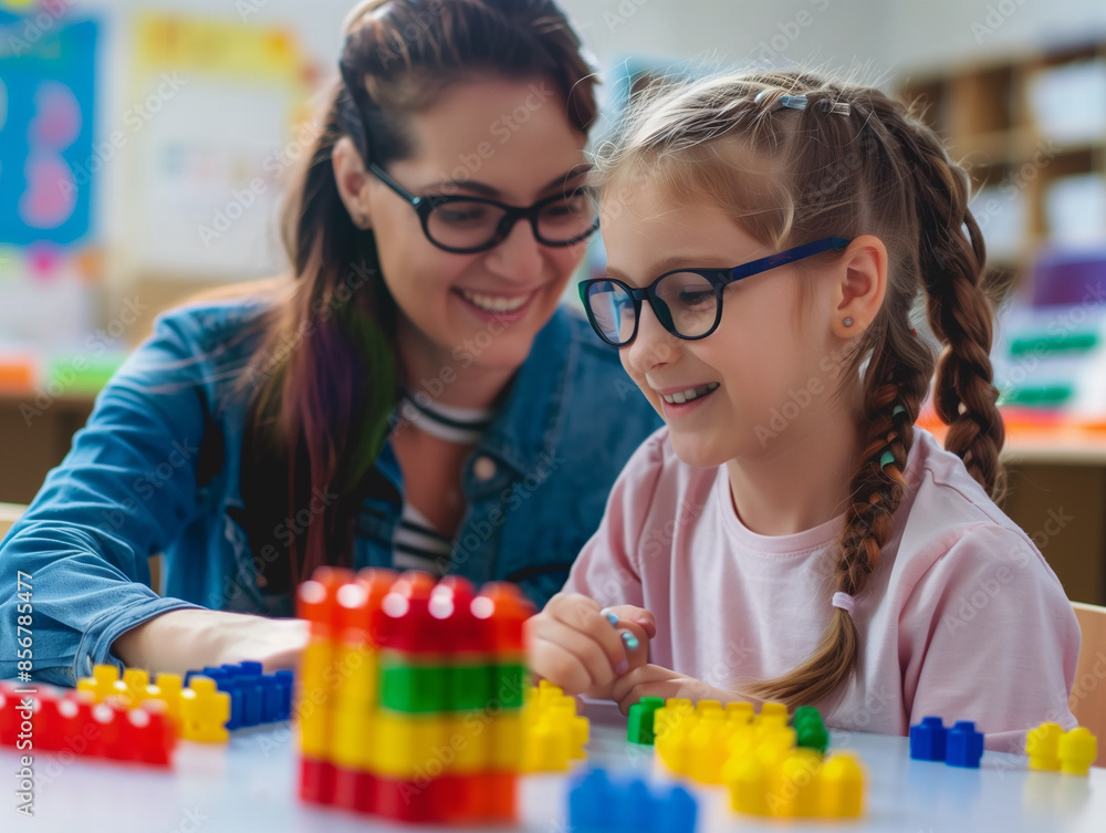 Joyful Autistic Girl Learning with Teacher in Classroom - Inclusive Education and Supportive Environment Joyful Autistic Girl Learning with Teacher in Classroom - Inclusive Education and Supportive Environment