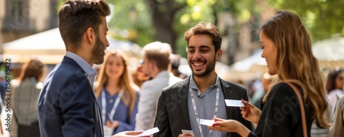 Open-air networking event, professionals exchanging business cards, bright summer day, urban setting, photo-realistic, high detail photo