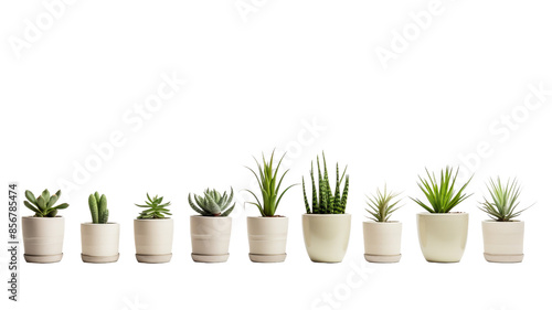 A row of various succulent plants in white pots isolated on a white background. Perfect for home decor and indoor gardening enthusiasts. photo