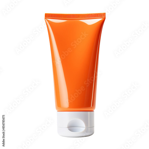 Bright orange cosmetic tube with white cap, isolated on white background. Suitable for skincare, lotion, or cream product design.