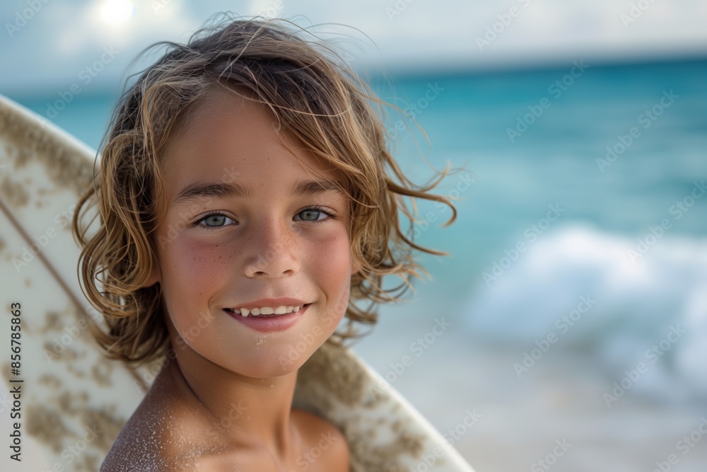 A young boy stands with a surfboard, gazing at the sunset over the ocean, reflecting on the day's adventures in a tranquil beach setting. A young boy stands with a surfboard, gazing at the sunset over the ocean, reflecting on the day's adventures in a tranquil beach setting.