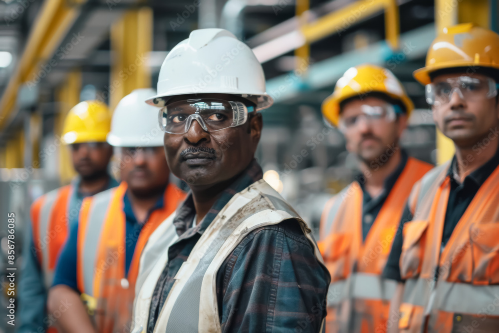 Diverse Team of Indian Factory Workers in Protective Gear, Emphasizing Safety and Teamwork Diverse Team of Indian Factory Workers in Protective Gear, Emphasizing Safety and Teamwork