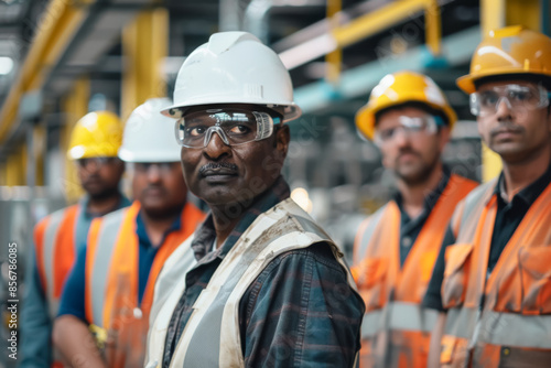 Diverse Team of Indian Factory Workers in Protective Gear, Emphasizing Safety and Teamwork © PixelGallery