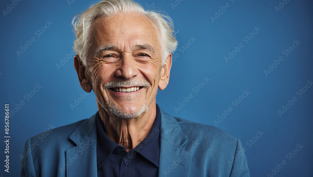 A Old Man Smiling, Blue Shirt And Blue Background A Old Man Smiling, Blue Shirt And Blue Background