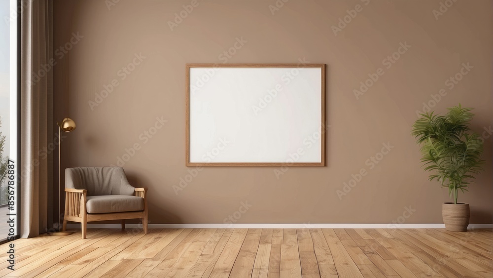 Fototapeta premium Interior home of living, room with blank frame poster mock up and armchair on brown wall copy space, hardwood floor