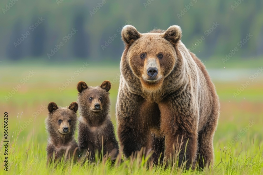 Fototapeta premium Brown bear (Ursus arctos) and two cubs side by side, spring