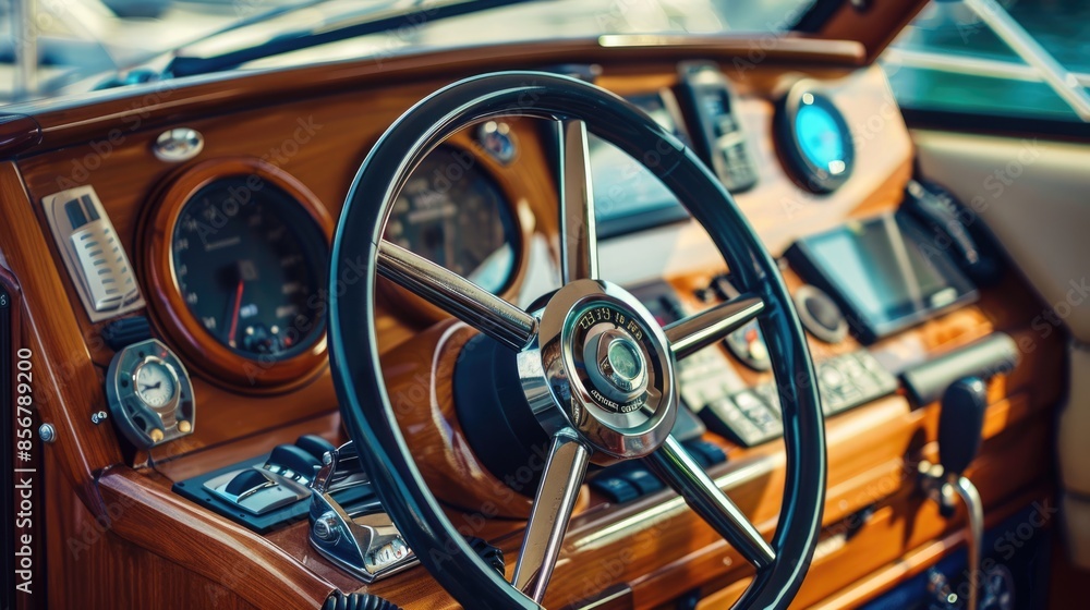 Close-Up of a Boat Steering Wheel and Dashboard: Ideal Imagery for Nautical, Marine, and Travel-Themed Concepts
