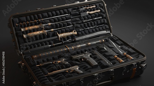 Photorealistic scene of a stylish suitcase with custom foam inserts, displaying an array of close combat weapons including a combat knife, a collapsible baton, and a set of throwing knives,