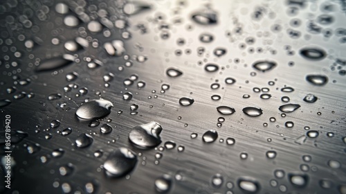Hyperdetailed close up of water droplets on a metallic surface with a high resolution finish photo