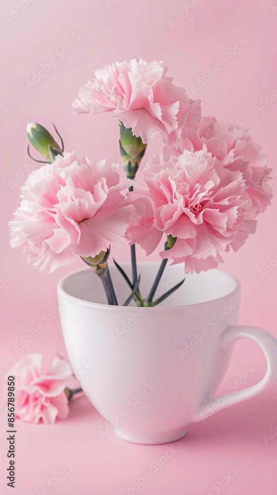 Pink carnations in white cup on pink background, floral arrangement concept Pink carnations in white cup on pink background, floral arrangement concept