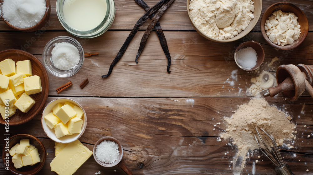 cake ingredients flat lay with cake powder, sugar, vanilla bean, butter, milk and cake making equipment on wood table with empty space. cake ingredients flat lay with cake powder, sugar, vanilla bean, butter, milk and cake making equipment on wood table with empty space.