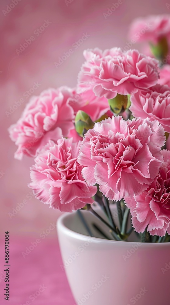 Pink carnations in a white vase on a pink background Pink carnations in a white vase on a pink background