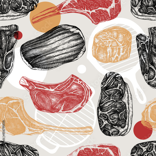 Steak house background. Collage style food seamless pattern. Raw steak vector sketches. Hand-drawn meat illustration. NOT AI generated