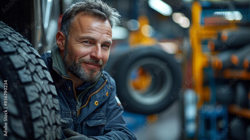 portrait of a smiling Caucasian mechanic in a tire workshop replacing and repairing wheels, selling tires, car tire service portrait of a smiling Caucasian mechanic in a tire workshop replacing and repairing wheels, selling tires, car tire service