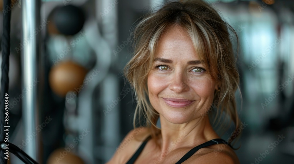 portrait of a smiling beautiful Caucasian woman 30-39 years old in sportswear located in the gym. doing sports in the gym portrait of a smiling beautiful Caucasian woman 30-39 years old in sportswear located in the gym. doing sports in the gym